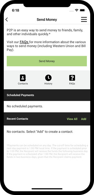 Send Money overview screen on a smartphone